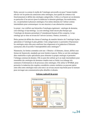 Dolce souvent vu comme le mythe de l’ontologie universelle est pour l’instant étudiée
afin de voir les points de connexions entre ontologies, leur qualité de contenu et de
fonctionnement et définir des ontologies catégorielles. Celles-ci se basent sur un domaine
en particulier d’un univers (pour la médecine le domaine génétique, bio-moléculaire,
etc..) et permettent à plusieurs ontologies d’un même domaine de l’utiliser comme
intermédiaire pour communiquer via une structure et une abstraction commune.

Le projet vise à définir une hiérarchie d’ontologies également : ontologie de domaine,
core-ontology et top-ontology. La core-ontology étant encore plus basique que
l’ontologie de domaine permettant à l’entendement humain d’être comprise, la top-
ontology qui se situe au niveau de l’univers (science, finance, économie…).

Dolce permet de définir des classes d’ontology de manière itérative de l’ontologie la plus
spécialisée à l’ontologie la plus globale. Cette catégorisation va permettre d’harmoniser
les ontologies entre elles pour améliorer leur alignement et la traduction d’éléments
synonymes afin d’accroître l’interopérabilité entre ontologies 28.

Néanmoins, les limites constatées sont une « librairie » d’éléments, classes, définis sous
formes de framework, standards qui reste limitée et pauvre. Dolce se sert des ontologies
dites matérielles et plus spécialisées pour alimenter sa propre ontologie et permettre
l’échange commun de données. Elle ne peut être utilisée qu’à un stade intermédiaire pour
rassembler des ontologies de domaines simples mais se limite à un échange très
sommaire d’informations et de processus entre ontologies. Elle utilise le SPARQL pour
permettre la traduction des requêtes considérées comme similaires ou pouvant opérer
entre elles entre ontologies mais cela reste à un niveau encore trop limité pour le moment
pour envisager une communication plus détaillée et aboutie.

                              Schéma explicatif du projet




                                                                                Page 34
 
