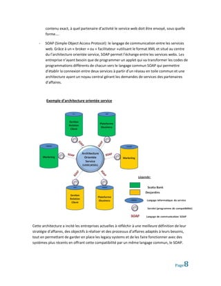 contenu exact, à quel partenaire d’activité le service web doit être envoyé, sous quelle
        forme….

    -   SOAP (Simple Object Access Protocol): le langage de communication entre les services
        web. Grâce à un « broker » ou « facilitateur »utilisant le format XML et situé au centre
        du l’architecture orientée service, SOAP permet l’échange entre les services webs. Les
        entreprise n’ayant besoin que de programmer un applet qui va transformer les codes de
        programmations différents de chacun vers le langage commun SOAP qui permettre
        d’établir la connexion entre deux services à partir d’un réseau en toile commun et une
        architecture ayant un noyau central gérant les demandes de services des partenaires
        d’affaires.



         Exemple d’architecture orientée service




Cette architecture a incité les entreprises actuelles à réfléchir à une meilleure définition de leur
stratégie d’affaires, des objectifs à réaliser et des processus d’affaires adaptés à leurs besoins,
tout en permettant de garder en place les legacy systems et de les faire fonctionner avec des
systèmes plus récents en offrant cette compatibilité par un même langage commun, le SOAP.




                                                                                            Page   8
 