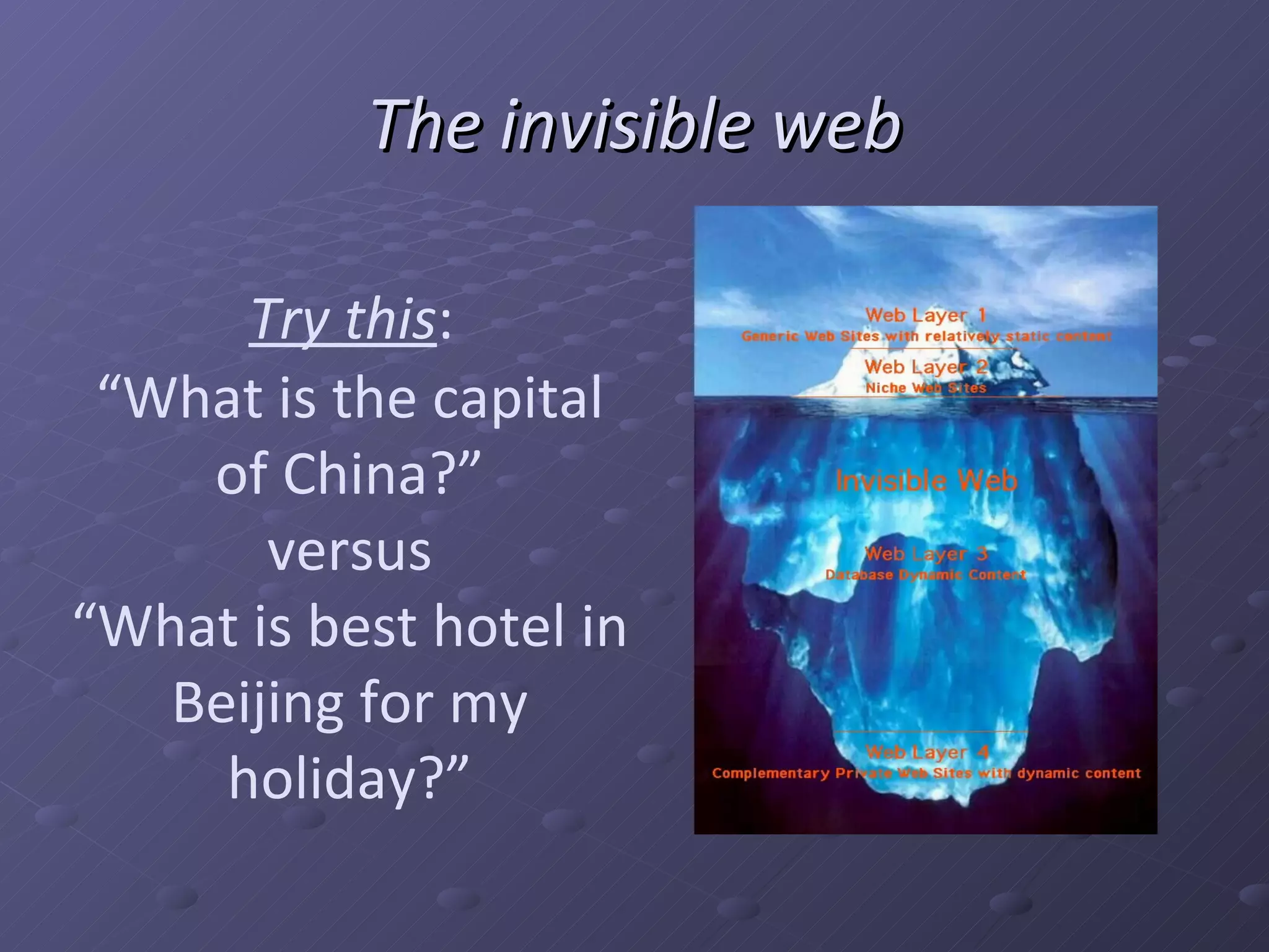 The invisible web Try this : “What is the capital of China?” versus “What is best hotel in Beijing for my holiday?”