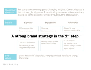 Positioning   For companies seeking game-changing insights, Communispace is
statement     the premier global partner for cultivating customer intimacy online –
              giving life to the customer’s voice throughout the organization.


Ways in              Expertise               Engagement               Partnership

              350+ communities           Vibrancy                Aligned to your
                                                                 business – actionable
              Down to a science          Real-time access to
                                                                 throughout
                                         customers
              Ability to recruit any
         A strong brand strategy of theEasestimplementation
                          Broadest range is
              target audience
                          interaction tools
                                             1 of step.
                                            Dedicated teams
              Global capabilities
                                                                 (200+ people)
                                         Hearing things you’ve
              Culture of innovation
                                         never heard before      Full service – true
              Take learnings from                                extension of your team
              “insight to inspiration”
                                                                 Rapid impact



Core          Client dedication, Excellence, Integrity, Respect, Adventure, Energy,
values        Ownership
 