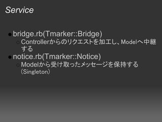 Service

 bridge.rb(Tmarker::Bridge)
   Controllerからのリクエストを加工し、Modelへ中継
   する
 notice.rb(Tmarker::Notice)
   Modelから受け取ったメッセージを保持する
   (Singleton)
 