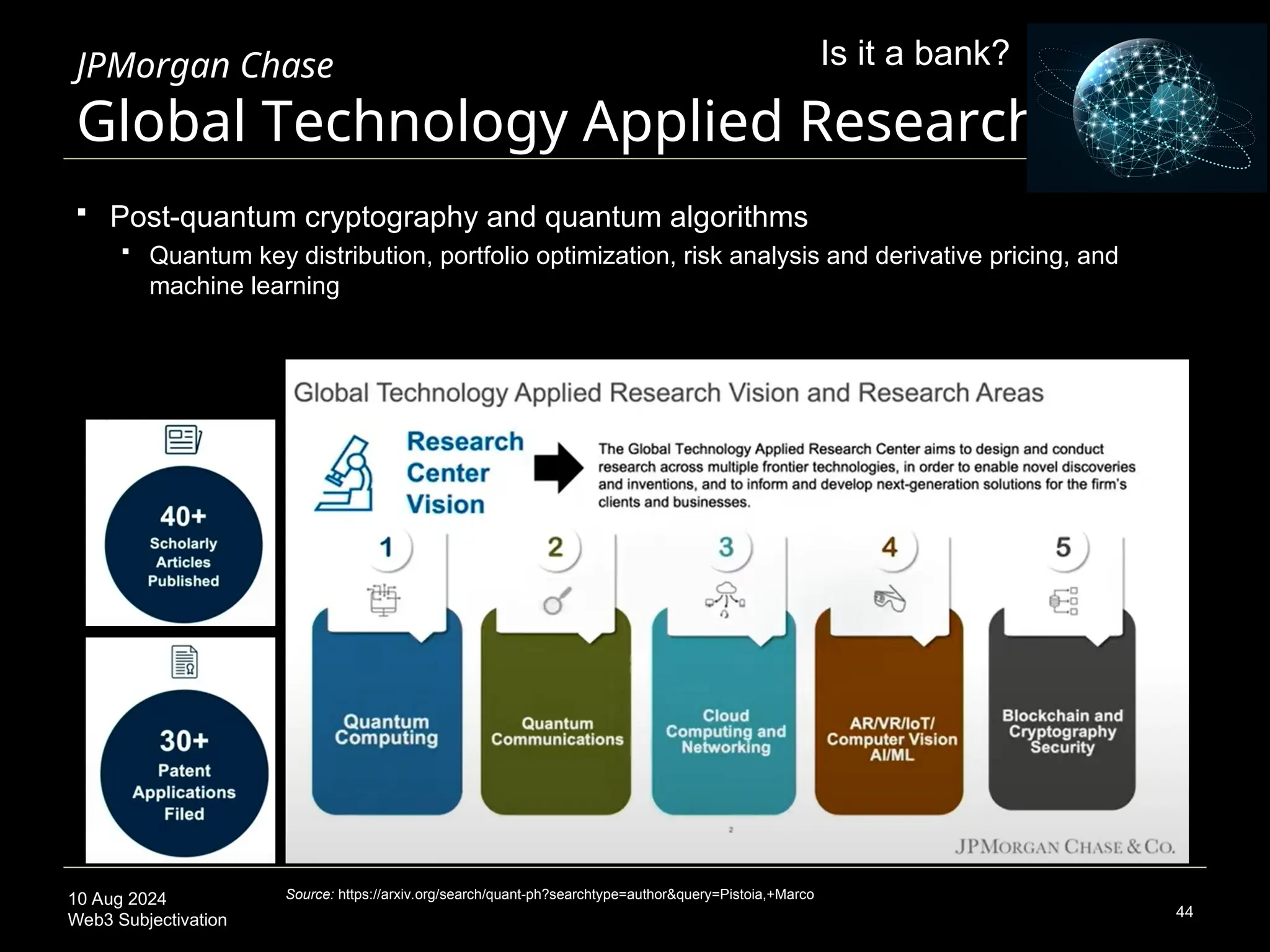 10 Aug 2024
Web3 Subjectivation
JPMorgan Chase
Global Technology Applied Research
44
 Post-quantum cryptography and quantum algorithms
 Quantum key distribution, portfolio optimization, risk analysis and derivative pricing, and
machine learning
Source: https://arxiv.org/search/quant-ph?searchtype=author&query=Pistoia,+Marco
Is it a bank?
 