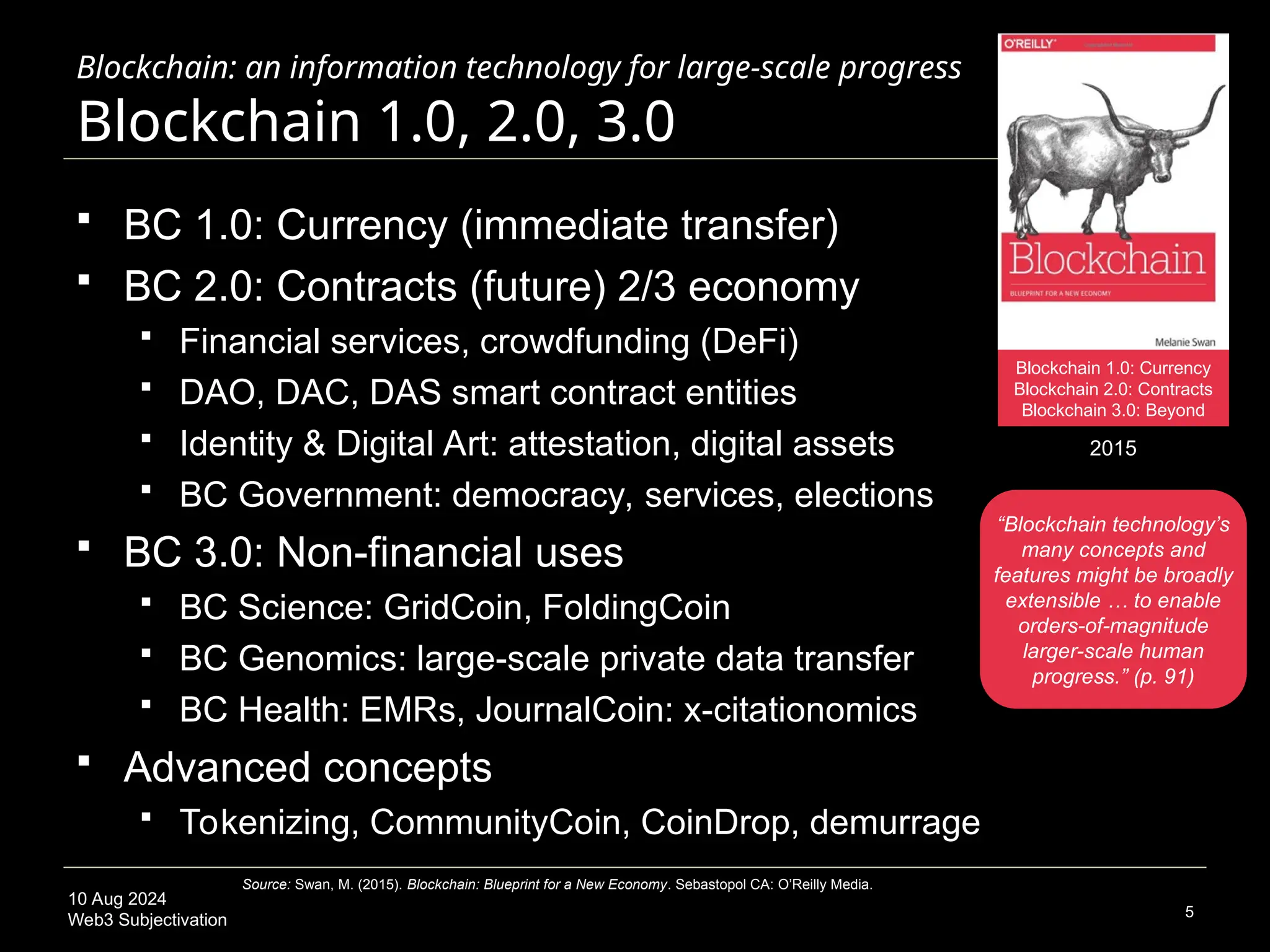 10 Aug 2024
Web3 Subjectivation
Blockchain: an information technology for large-scale progress
Blockchain 1.0, 2.0, 3.0
5
2015
Source: Swan, M. (2015). Blockchain: Blueprint for a New Economy. Sebastopol CA: O’Reilly Media.
 BC 1.0: Currency (immediate transfer)
 BC 2.0: Contracts (future) 2/3 economy
 Financial services, crowdfunding (DeFi)
 DAO, DAC, DAS smart contract entities
 Identity & Digital Art: attestation, digital assets
 BC Government: democracy, services, elections
 BC 3.0: Non-financial uses
 BC Science: GridCoin, FoldingCoin
 BC Genomics: large-scale private data transfer
 BC Health: EMRs, JournalCoin: x-citationomics
 Advanced concepts
 Tokenizing, CommunityCoin, CoinDrop, demurrage
Blockchain 1.0: Currency
Blockchain 2.0: Contracts
Blockchain 3.0: Beyond
“Blockchain technology’s
many concepts and
features might be broadly
extensible … to enable
orders-of-magnitude
larger-scale human
progress.” (p. 91)
 