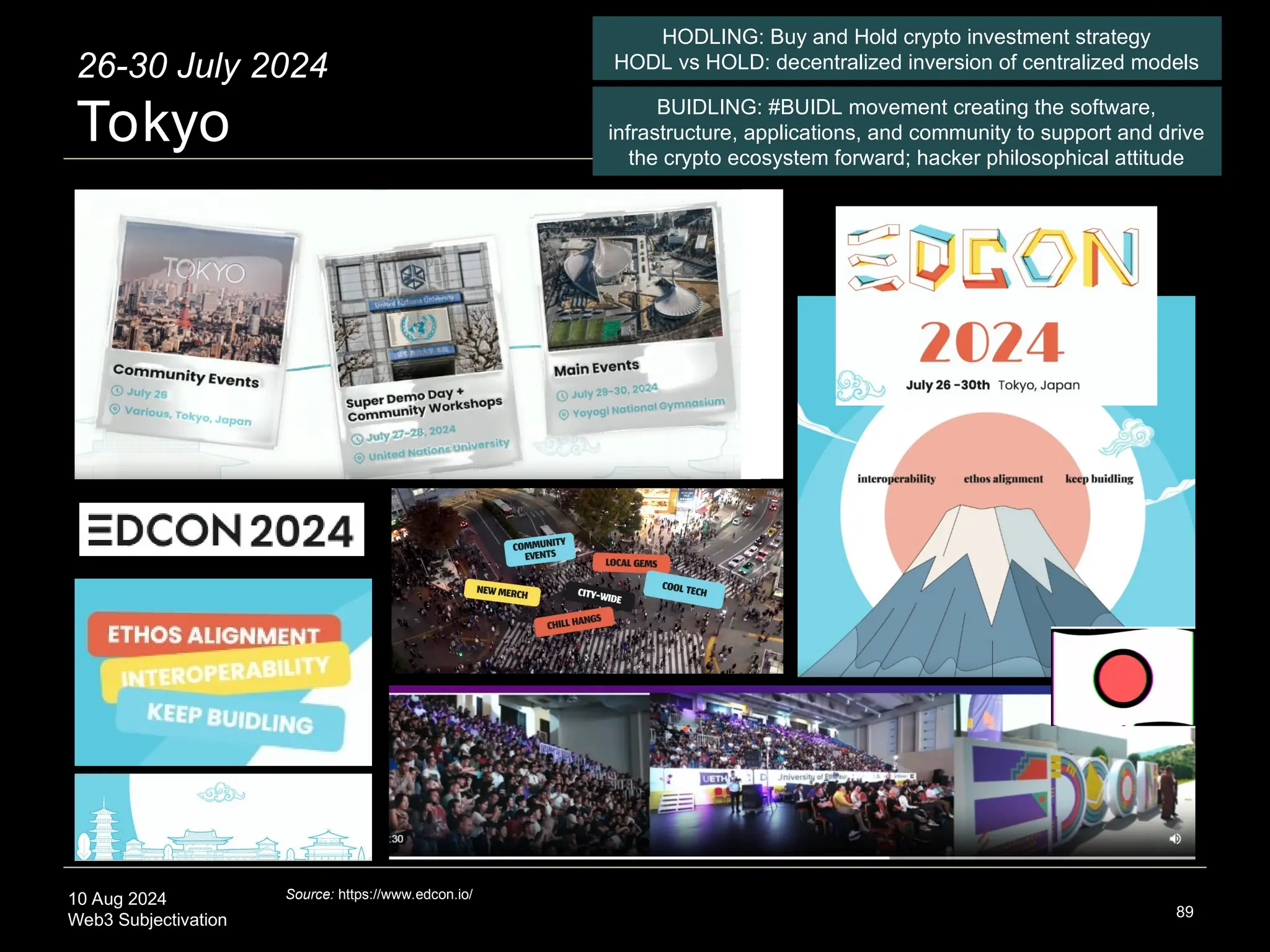 10 Aug 2024
Web3 Subjectivation 89
Source: https://www.edcon.io/
26-30 July 2024
Tokyo
HODLING: Buy and Hold crypto investment strategy
HODL vs HOLD: decentralized inversion of centralized models
BUIDLING: #BUIDL movement creating the software,
infrastructure, applications, and community to support and drive
the crypto ecosystem forward; hacker philosophical attitude
 