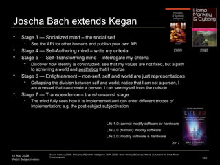10 Aug 2024
Web3 Subjectivation
Joscha Bach extends Kegan
 Stage 3 — Socialized mind – the social self
 See the API for other humans and publish your own API
 Stage 4 — Self-Authoring mind – write my criteria
 Stage 5 — Self-Transforming mind – interrogate my criteria
 Discover how identity is constructed, see that my values are not fixed, but a path
to achieving a world and aesthetics that I valorize
 Stage 6 — Enlightenment – non-self, self and world are just representations
 Collapsing the division between self and world; notice that I am not a person, I
am a vessel that can create a person; I can see myself from the outside
 Stage 7 — Transcendence – transhumanist stage
 The mind fully sees how it is implemented and can enter different modes of
implementation; e.g. the post-subject subjectivation
103
Source: Bach, J. (2009). Principles of Synthetic Intelligence. OUP. (2020). Homo Monkey & Cyborgs: Nature, Culture and the Great Reset:
Transhumanism.
2009 2020
2017
Life 1.0: cannot modify software or hardware
Life 3.0: modify software & hardware
Life 2.0 (human): modify software
 