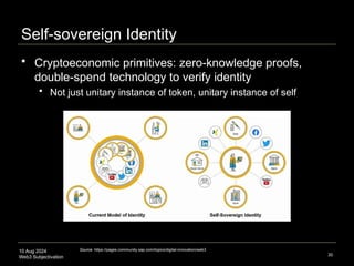 10 Aug 2024
Web3 Subjectivation
Self-sovereign Identity
 Cryptoeconomic primitives: zero-knowledge proofs,
double-spend technology to verify identity
 Not just unitary instance of token, unitary instance of self
30
Source: https://pages.community.sap.com/topics/digital-innovation/web3
 