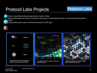 10 Aug 2024
Web3 Subjectivation
Protocol Labs Projects
 Filecoin: decentralized data storage protocol, market, & token
 IPFS (InterPlanetary File System): protocol for file sharing in a distributed file system, content-addressed identifiers
(CIDs)
 Libp2p (library peer-to-peer): networking framework for P2P apps
32
Source: https://protocol.ai/
 