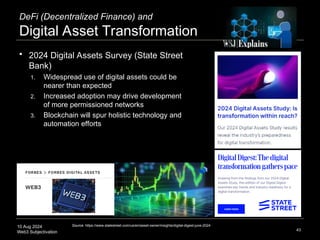 10 Aug 2024
Web3 Subjectivation
DeFi (Decentralized Finance) and
Digital Asset Transformation
 2024 Digital Assets Survey (State Street
Bank)
1. Widespread use of digital assets could be
nearer than expected
2. Increased adoption may drive development
of more permissioned networks
3. Blockchain will spur holistic technology and
automation efforts
43
Source: https://www.statestreet.com/us/en/asset-owner/insights/digital-digest-june-2024
 