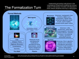 10 Aug 2024
Web3 Subjectivation
The Formalization Turn
65
Math Agents
Blockchain
genAI DL NNs
Quantum
Category Theory
Algebraic Structures
Proof Assistants, Computer
Algebra Systems, RL Agent
Solvers
Combinatorics
Logic
Geometry
Pure Math Physics
Formal Methods
Advances: cryptographic hash
functions, elliptic curve
cryptography, Merkle trees,
consensus algorithms (proof
of work, proof of stake),
directed acyclic graph routing
Implementing all existing math-physics in the
computational infrastructure enabling new virtuous
cycles of math-physics innovation and discovery in
smart network disciplines returning to math-physics
Advances: LLMs,
transformers, graph NNs,
backpropagation, stochastic
gradient descent, activation
functions, convolutional
pooling, generative
adversarial networks
Advances: Shor’s algorithm,
quantum error correction,
entanglement generation,
quantum Fourier transform,
quantum teleportation,
quantum key distribution
Relativistic fluids,
post-Newtonian
modifications,
gravitational waves,
superclusters, cosmic
neutrino background,
attosecond lasers
Source: Swan & dos Santos. (2024). The Second Linguistic Turn: Math Agents for Kantian Intelligence Amplification. Critical Genealogies.
https://www.researchgate.net/publication/379236605_The_Second_Linguistic_Turn_Math_Agents_for_Kantian_Intelligence_Amplification
 