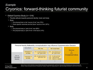 10 Aug 2024
Web3 Subjectivation
Example
Cryonics: forward-thinking futurist community
 Global Cryonics Study (n = 316)
 Flexible attitude towards personal identity: brain and body
 Brain
 This physical brain is the “source of me” now (75%)
 These specific memories are the future “source of me” (87%)
 Body
 This physical body is “part of me” now (68%)
 This physical body is “part of me” in the future (14%)
82
Source: Swan, M. (2019). Worldwide Cryonics Attitudes About the Body, Cryopreservation, and Revival: Personal Identity Malleability and a Theory of Cryonic Life
Extension. Sophia International Journal of Philosophy and Traditions. 58:699–735. Springer Nature B.V. https://link.springer.com/article/10.1007/s11841-019-0727-4.
Personal Identity Malleability conceptualization may influence Cryopreservation Decision
 