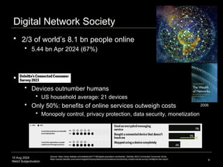10 Aug 2024
Web3 Subjectivation
Digital Network Society
 2/3 of world’s 8.1 bn people online
 5.44 bn Apr 2024 (67%)
 Deloitte
 Devices outnumber humans
 US household average: 21 devices
 Only 50%: benefits of online services outweigh costs
 Monopoly control, privacy protection, data security, monetization
9
Source: https://www.statista.com/statistics/617136/digital-population-worldwide/, Deloitte 2023 Connected Consumer Study,
https://www2.deloitte.com/us/en/insights/industry/telecommunications/connectivity-mobile-trends-survey.html#print-the-report
2006
 