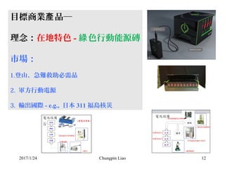 2017/1/24 Chungpin Liao 12
目標商業 品─產
理念：在地特色 - 色行動能源磚綠
市場：
1.登山、急難救助必需品
2. 軍方行動電源
3. 輸出國際 - e.g., 日本 311 福島核災
 
