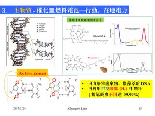 2017/1/24 Chungpin Liao 13
3. 生物質 - 催化 燃料電池─行動、在地電力氫
Active zones
• 可由屠宰廢棄物、 藻萃取綠 DNA
• 可利用台塑廢氫 (H2) 作燃料
( 氣純度氫 不用達 99.99%)
 