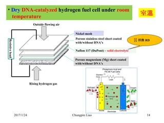 2017/1/24 14Chungpin Liao
• Dry DNA-catalyzed hydrogen fuel cell under room
temperature
Rising hydrogen gas
Outside flowin...
