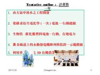 Chungpin Liao 5
1. 由大氣中汲水之工程開發
2. 葉 素衍生電化學綠 ( 一次 ) 電池 ─行動能源
3. 生物質 - 催化 燃料電池─行動、在地電力氫
4. 金廊道上的永動發電機陣列與裝置─示範模組黃
5. 利用重力發光之 ...