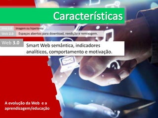 Web 1.0

Web 2.0

Imagem ou hipertexto.

Espaços abertos para download, reedição e remixagem.

Web 3.0

Smart Web semântica, indicadores
analíticos, comportamento e motivação.

A evolução da Web e a
aprendizagem/educação

 