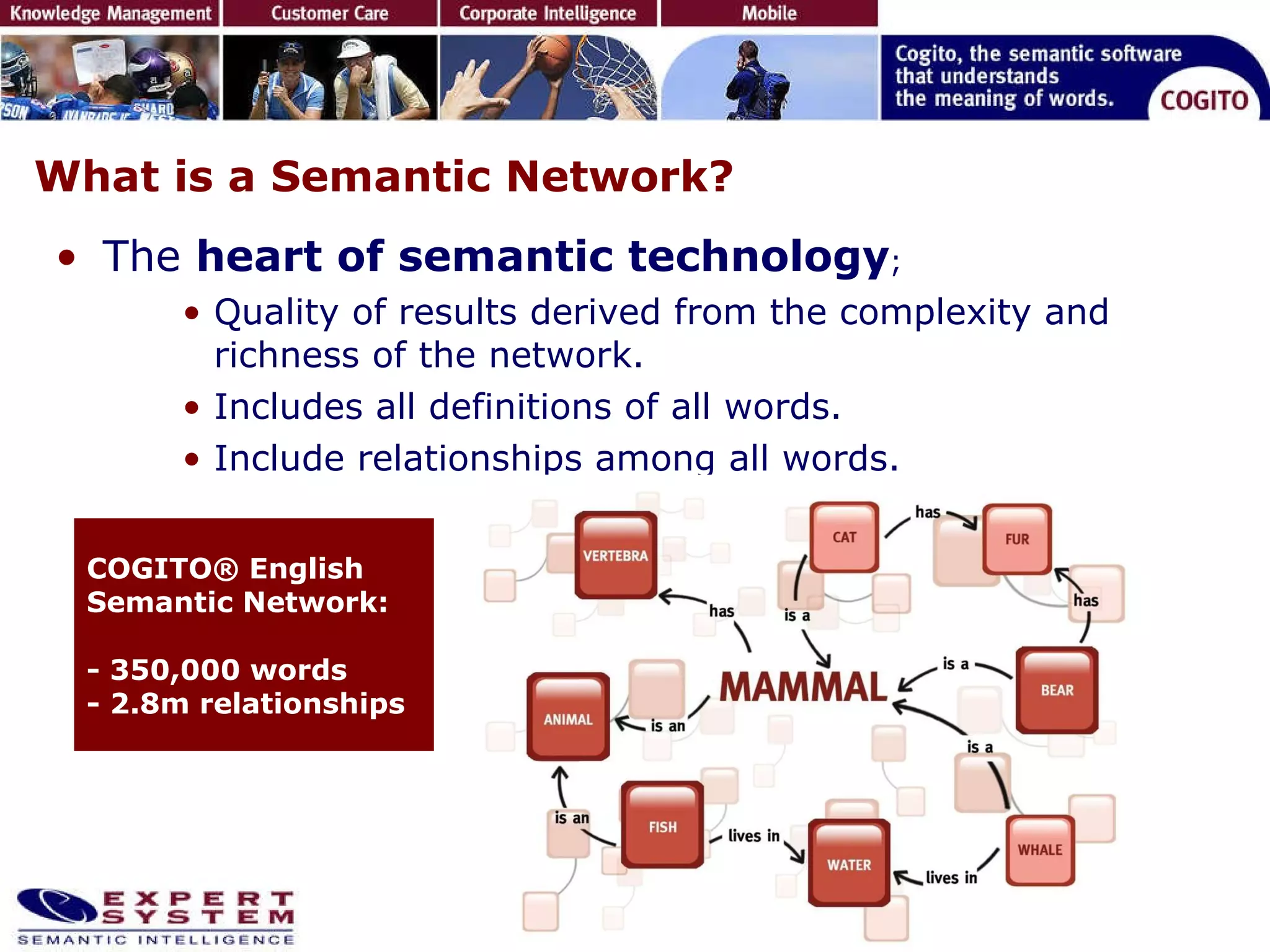 The  heart of semantic technology ; Quality of results derived from the complexity and richness of the network. Includes all definitions of all words. Include relationships among all words. What is a Semantic Network? COGITO® English Semantic Network: - 350,000 words - 2.8m relationships 