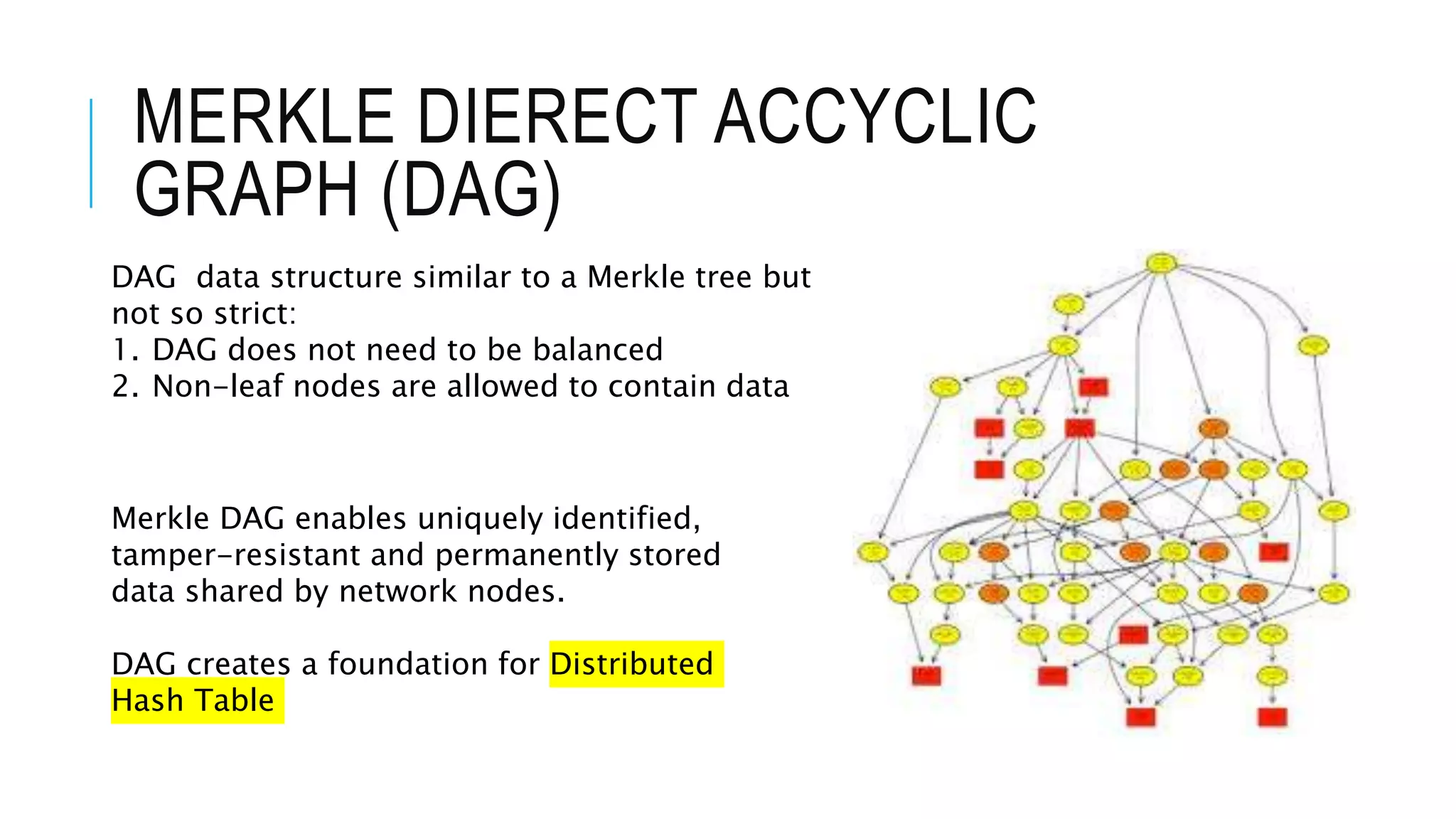 MERKLE DIERECT ACCYCLIC
GRAPH (DAG)
DAG data structure similar to a Merkle tree but
not so strict:
1. DAG does not need to be balanced
2. Non-leaf nodes are allowed to contain data
Merkle DAG enables uniquely identified,
tamper-resistant and permanently stored
data shared by network nodes.
DAG creates a foundation for Distributed
Hash Table
 