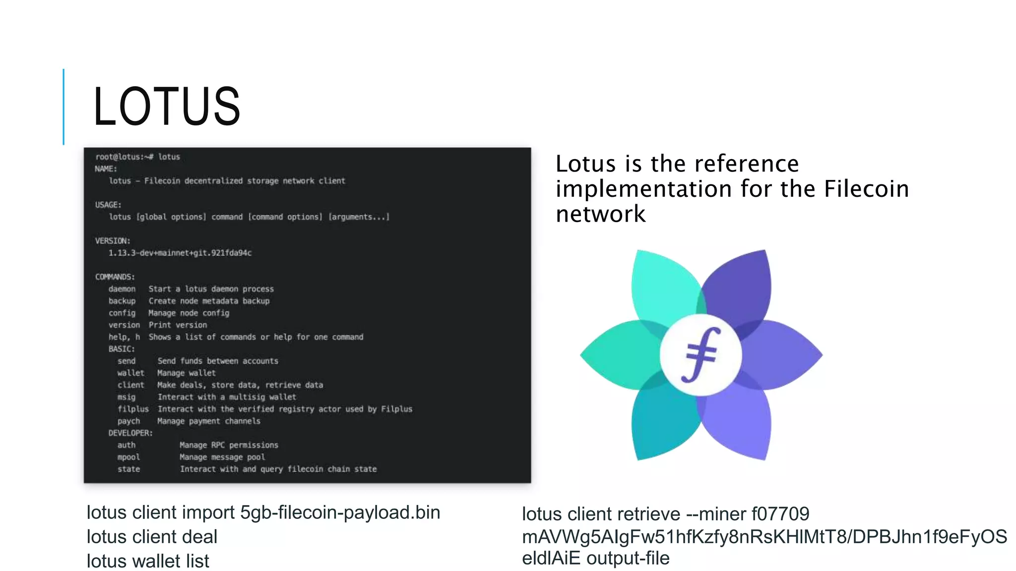 LOTUS
Lotus is the reference
implementation for the Filecoin
network
lotus client import 5gb-filecoin-payload.bin
lotus client deal
lotus wallet list
lotus client retrieve --miner f07709
mAVWg5AIgFw51hfKzfy8nRsKHlMtT8/DPBJhn1f9eFyOS
eldlAiE output-file
 