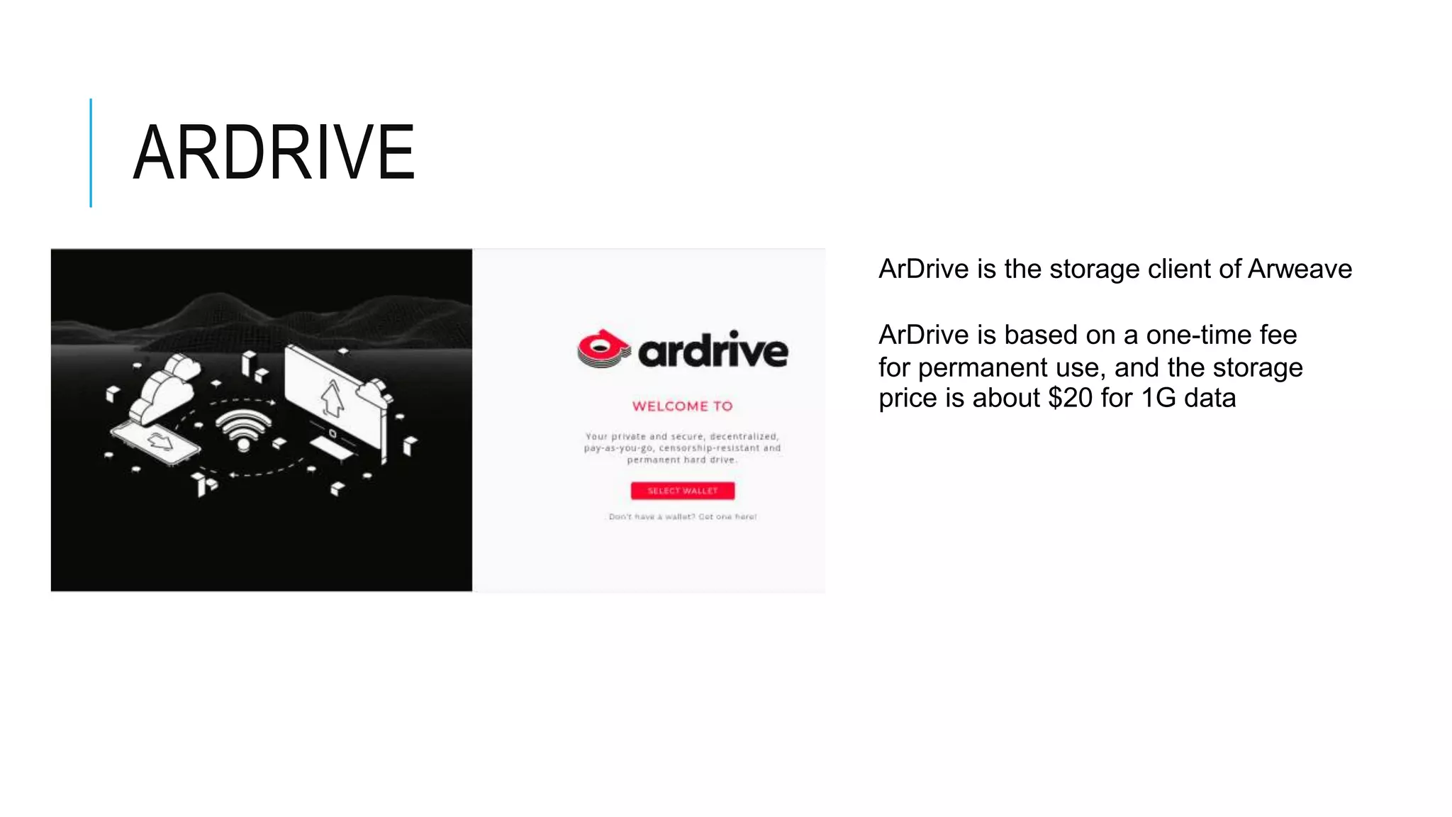 ARDRIVE
ArDrive is based on a one-time fee
for permanent use, and the storage
price is about $20 for 1G data
ArDrive is the storage client of Arweave
 