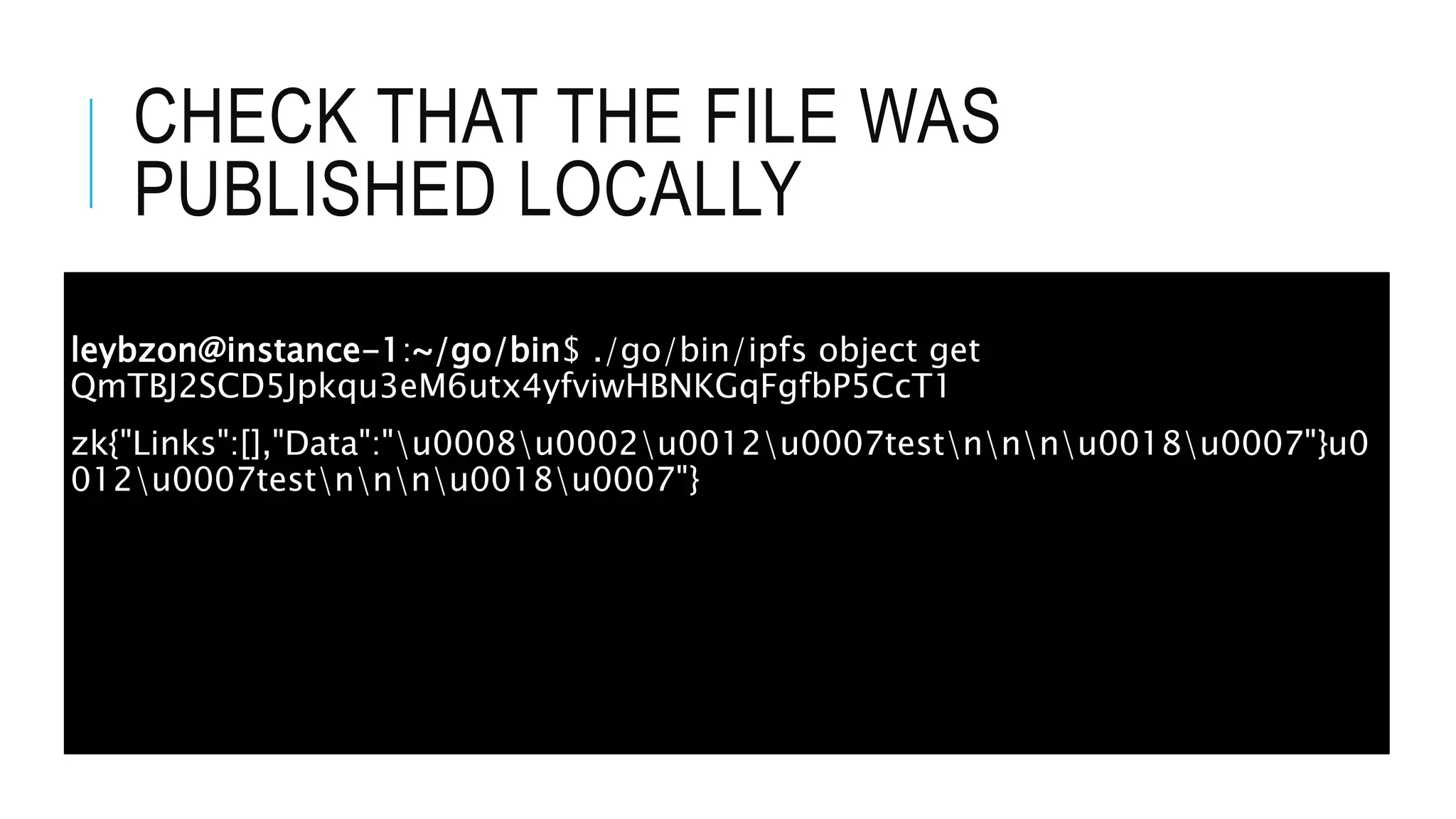 CHECK THAT THE FILE WAS
PUBLISHED LOCALLY
leybzon@instance-1:~/go/bin$ ./go/bin/ipfs object get
QmTBJ2SCD5Jpkqu3eM6utx4yfviwHBNKGqFgfbP5CcT1
zk{"Links":[],"Data":"u0008u0002u0012u0007testnnnu0018u0007"}u0
012u0007testnnnu0018u0007"}
 