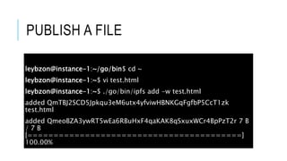 PUBLISH A FILE
leybzon@instance-1:~/go/bin$ cd ~
leybzon@instance-1:~$ vi test.html
leybzon@instance-1:~$ ./go/bin/ipfs add -w test.html
added QmTBJ2SCD5Jpkqu3eM6utx4yfviwHBNKGqFgfbP5CcT1zk
test.html
added QmeoBZA3ywRT5wEa6RBuHxF4qaKAK8qSxuxWCr4BpPzT2r 7 B
/ 7 B
[=========================================]
100.00%
 