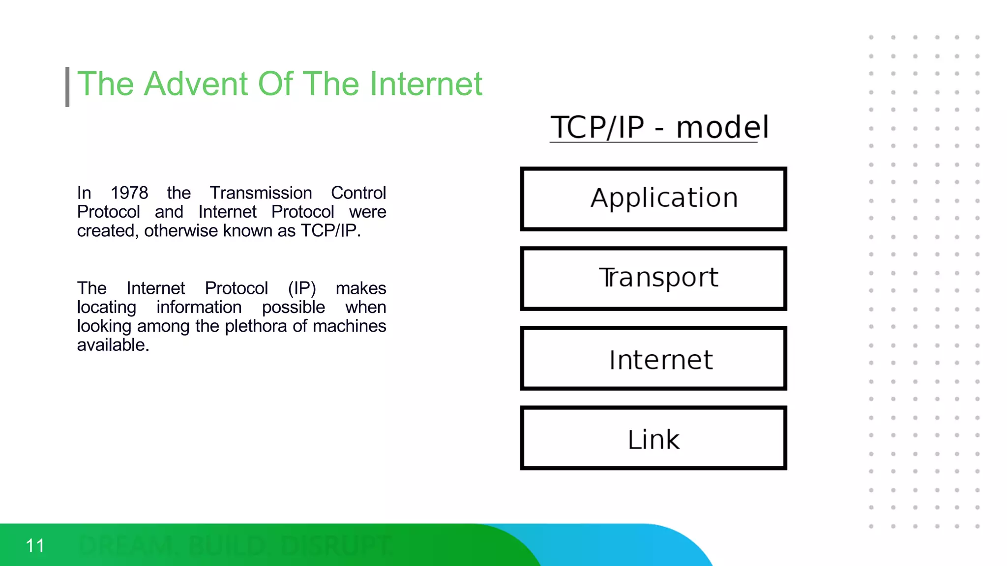 11
In 1978 the Transmission Control
Protocol and Internet Protocol were
created, otherwise known as TCP/IP.
The Internet Protocol (IP) makes
locating information possible when
looking among the plethora of machines
available.
The Advent Of The Internet
 