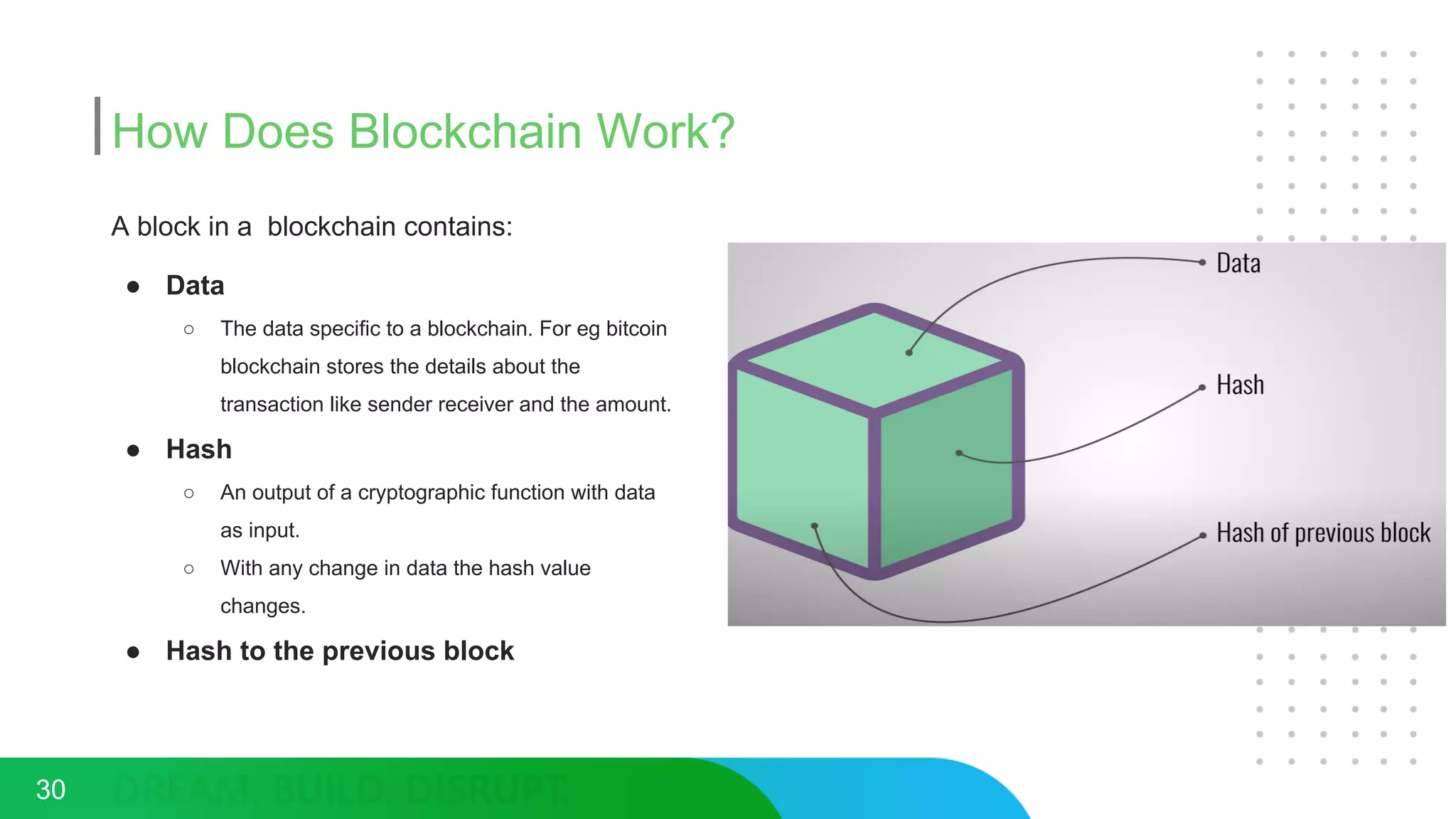 How Does Blockchain Work?
30
A block in a blockchain contains:
● Data
○ The data specific to a blockchain. For eg bitcoin
blockchain stores the details about the
transaction like sender receiver and the amount.
● Hash
○ An output of a cryptographic function with data
as input.
○ With any change in data the hash value
changes.
● Hash to the previous block
 
