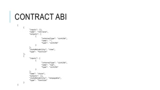 CONTRACT ABI
[
{
"inputs": [],
"name": "retrieve",
"outputs": [
{
"internalType": "uint256",
"name": "",
"type": "uint256"
}
],
"stateMutability": "view",
"type": "function"
},
{
"inputs": [
{
"internalType": "uint256",
"name": "num",
"type": "uint256"
}
],
"name": "store",
"outputs": [],
"stateMutability": "nonpayable",
"type": "function"
}
]
 