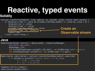Reactive, typed events
Create an
Observable stream
Solidity
Java
 