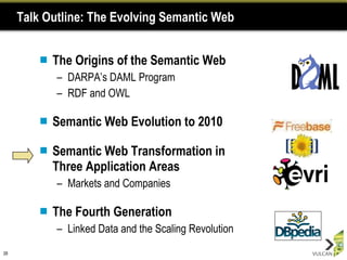 Talk Outline: The Evolving Semantic Web The Origins of the Semantic Web  DARPA’s DAML Program RDF and OWL Semantic Web Evolution to 2010 Semantic Web Transformation in Three Application Areas Markets and Companies The Fourth Generation Linked Data and the Scaling Revolution 