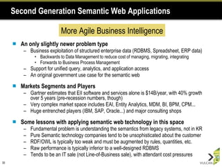 Second Generation Semantic Web Applications An only slightly newer problem type Business exploitation of structured enterprise data (RDBMS, Spreadsheet, ERP data) Backwards to Data Management to reduce cost of managing, migrating, integrating Forwards to Business Process Management Support for unified query, analytics, and application access An original government use case for the semantic web Markets Segments and Players Gartner estimates that EII software and services alone is $14B/year, with 40% growth over 5 years (pre-recession numbers, though) Very complex market space includes EAI, Entity Analytics, MDM, BI, BPM, CPM... Huge entrenched players (IBM, SAP, Oracle...) and major consulting shops Some lessons with applying semantic web technology in this space Fundamental problem is understanding the semantics from legacy systems, not in KR Pure Semantic technology companies tend to be unsophisticated about the customer  RDF/OWL is typically too weak and must be augmented by rules, quantities, etc. Raw performance is typically inferior to a well-designed RDBMS Tends to be an IT sale (not Line-of-Business sale), with attendant cost pressures More Agile Business Intelligence 