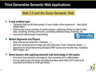 Third Generation Semantic Web Applications A new problem type “ Semantic Web should allow people to have a better online experience” – Alex Iskold, AdaptiveBlue Enhance the human activities of content creation, publishing, linking my data to other data, socializing, forming community, purchasing satisfying things, browsing, etc. Improve the effectiveness of advertising Market Segments and Players Data outsourcing model (Evri, Freebase, ...) Semantic enhancements to blogs and wikis (Zemanta, Faviki, Ontoprise, Radar, ...) Semantics for Social Networking (MySpace RDF service and microformats, Facebook RDF models, etc.) Some lessons with applying semantic web technology in this space If we don’t have semantic convergence, then semantics isn’t a differentiator No one really knows the design principles that allow some Web 2.0/3.0 sites to be successful and others to never get traction Web 2.0 and the Socio-Semantic Web 