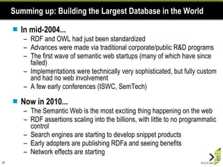 Summing up: Building the Largest Database in the World In mid-2004... RDF and OWL had just been standardized Advances were made via traditional corporate/public R&D programs The first wave of semantic web startups (many of which have since failed) Implementations were technically very sophisticated, but fully custom and had no web involvement A few early conferences (ISWC, SemTech) Now in 2010... The Semantic Web is the most exciting thing happening on the web RDF assertions scaling into the billions, with little to no programmatic control Search engines are starting to develop snippet products Early adopters are publishing RDFa and seeing benefits Network effects are starting 