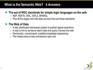What is the Semantic Web?  4 Answers The set of W3C standards for simple logic languages on the web RDF, RDF/S, OWL, OWL2, SPARQL Plus all the pages and web data sources that use these standards The Web of Data A fully distributed web-based system to publish logical assertions  A way to link to someone else’s data and query it across the web Democratic, crowd-based, scalable knowledge engineering The hottest area of web architecture right now 