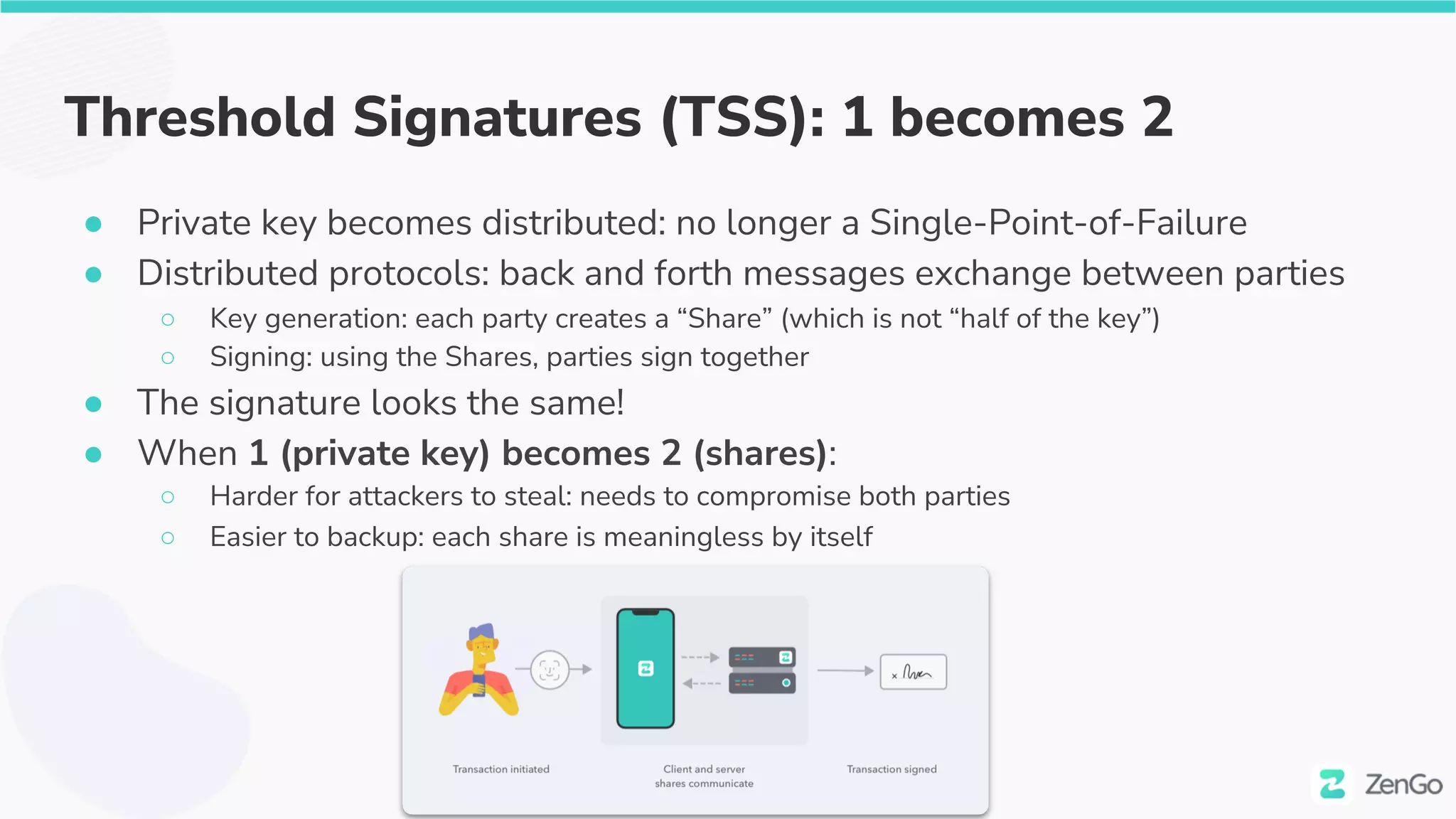 Threshold Signatures (TSS): 1 becomes 2
● Private key becomes distributed: no longer a Single-Point-of-Failure
● Distributed protocols: back and forth messages exchange between parties
○ Key generation: each party creates a “Share” (which is not “half of the key”)
○ Signing: using the Shares, parties sign together
● The signature looks the same!
● When 1 (private key) becomes 2 (shares):
○ Harder for attackers to steal: needs to compromise both parties
○ Easier to backup: each share is meaningless by itself
 
