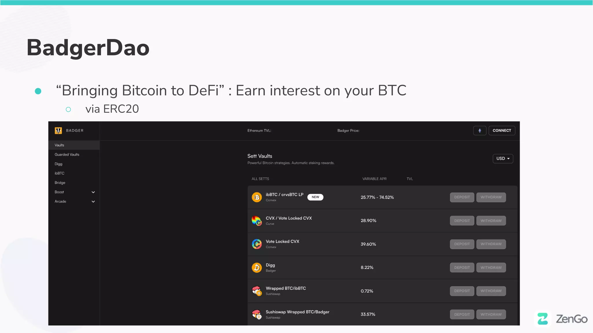 BadgerDao
● “Bringing Bitcoin to DeFi” : Earn interest on your BTC
○ via ERC20
 