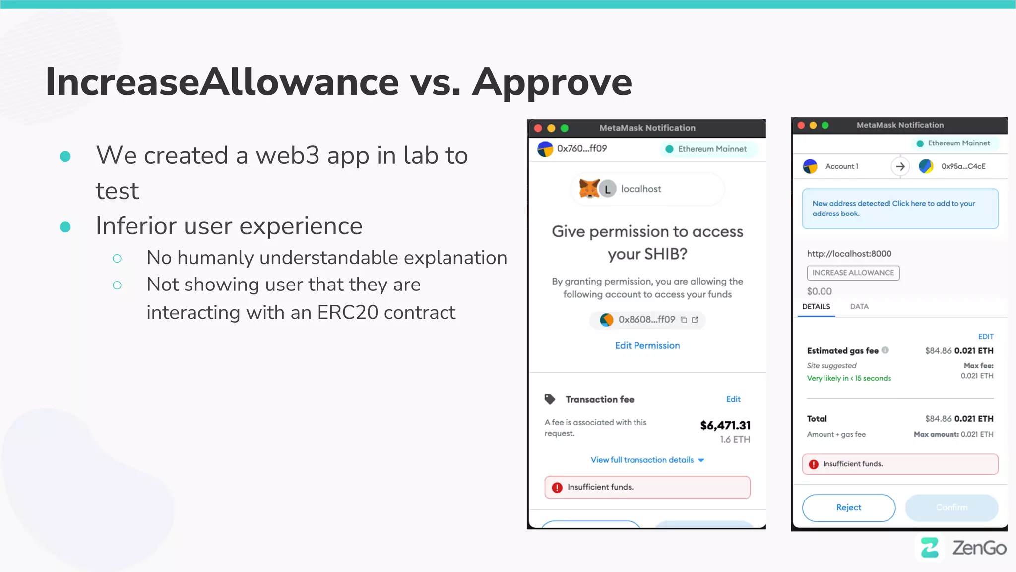 IncreaseAllowance vs. Approve
● We created a web3 app in lab to
test
● Inferior user experience
○ No humanly understandable explanation
○ Not showing user that they are
interacting with an ERC20 contract
 