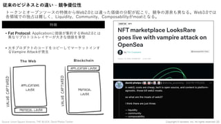 従来のビジネスとの違い ‒ 競争優位性
トークンとオープンソースの特徴からWeb2.0とは違った価値の分配が起こり、競争の源泉も異なる。Web3.0では
各領域での独占は難しく、Liquidity、Community、Composabilityがmoatとなる。
Source: Union Square Ventures, THE BLOCK, David Phelps Twitter
• Fat Protocol: Applicationに価値が集約するWeb2.0とは
異なりプロトコルレイヤーが⼤きな価値を享受
• ⼤⼿プロダクトのコードをコピーしてマーケットインす
るVampire Attackが発⽣
特徴
20
Copyright © iscream, Inc. All rights reserved.
 