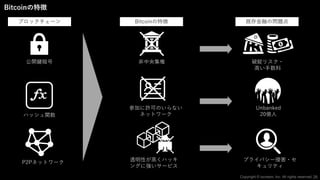 公開鍵暗号
ハッシュ関数
P2Pネットワーク
⾮中央集権
参加に許可のいらない
ネットワーク
透明性が⾼くハッキ
ングに強いサービス
Unbanked
20億⼈
破綻リスク・
⾼い⼿数料
プライバシー侵害・セ
キュリティ
ブロックチェーン Bitcoinの特徴 既存⾦融の問題点
26
Copyright © iscream, Inc. All rights reserved.
Bitcoinの特徴
 