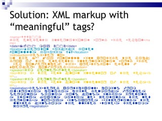 Solution: XML markup with “meaningful” tags? <name>   </name> <date>  </date>   <location>   </location> <introduction>    …  </introduction> <speaker>  </speaker> <bio>  </bio> … <speaker>  </speaker> <bio>  </bio> … <registration>   <registration> 