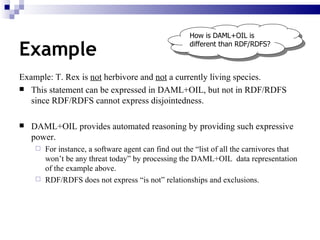 Example: T. Rex is  not  herbivore and  not  a currently living species.  This statement can be expressed in DAML+OIL, but not in RDF/RDFS since RDF/RDFS cannot express disjointedness. DAML+OIL provides automated reasoning by providing such expressive power. For instance, a software agent can find out the “list of all the carnivores that won’t be any threat today” by processing the DAML+OIL  data representation of the example above.  RDF/RDFS does not express “is not” relationships and exclusions. Example How is DAML+OIL is different than RDF/RDFS? 