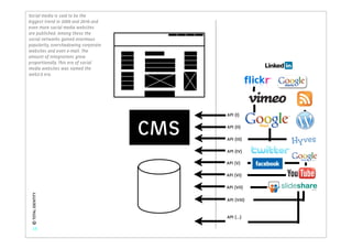 Social media is said to be the
biggest trend in 2009 and 2010 and
even more social media websites
are published. Among these the
social networks gained enormous
popularity, overshadowing corporate
websites and even e-mail. The
amount of integrations grew
proportionally. This era of social
media websites was named the
web2.0 era.




                                            API (I)


                                      CMS   API (II)

                                            API (III)

                                            API (IV)

                                            API (V)

                                            API (VI)

                                            API (VII)
 © TOTAL IDENTITY




                                            API (VIII)


                                            API (...)

    15
 