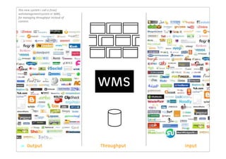 This new system I call a (true)
webmanagementsystem or WMS,
for managing throughput instead of
content.




                                     WMS
 © TOTAL IDENTITY




    28              Output           Throughput   Input
 