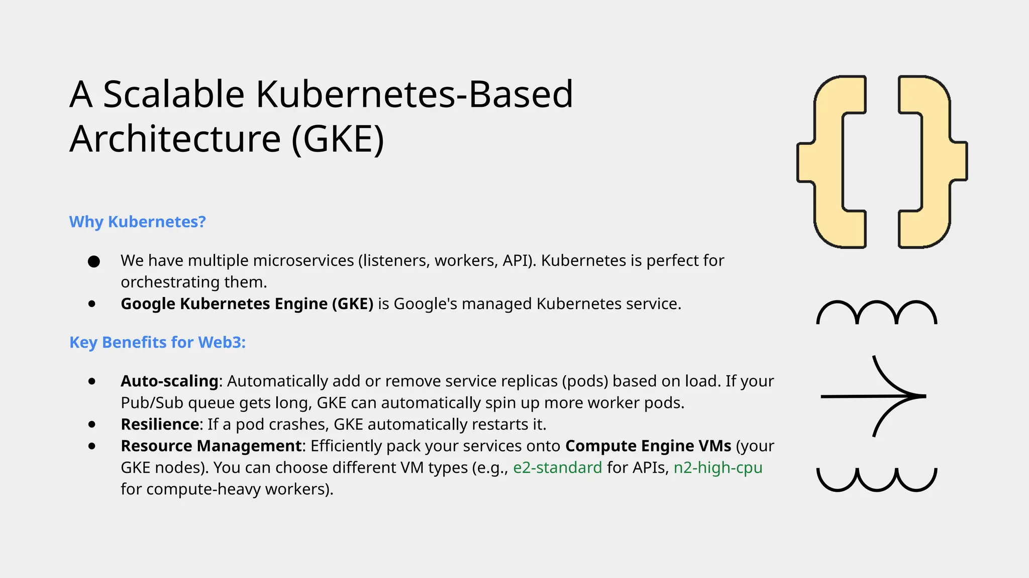 Why Kubernetes?
● We have multiple microservices (listeners, workers, API). Kubernetes is perfect for
orchestrating them.
● Google Kubernetes Engine (GKE) is Google's managed Kubernetes service.
Key Benefits for Web3:
● Auto-scaling: Automatically add or remove service replicas (pods) based on load. If your
Pub/Sub queue gets long, GKE can automatically spin up more worker pods.
● Resilience: If a pod crashes, GKE automatically restarts it.
● Resource Management: Efficiently pack your services onto Compute Engine VMs (your
GKE nodes). You can choose different VM types (e.g., e2-standard for APIs, n2-high-cpu
for compute-heavy workers).
A Scalable Kubernetes-Based
Architecture (GKE)
 