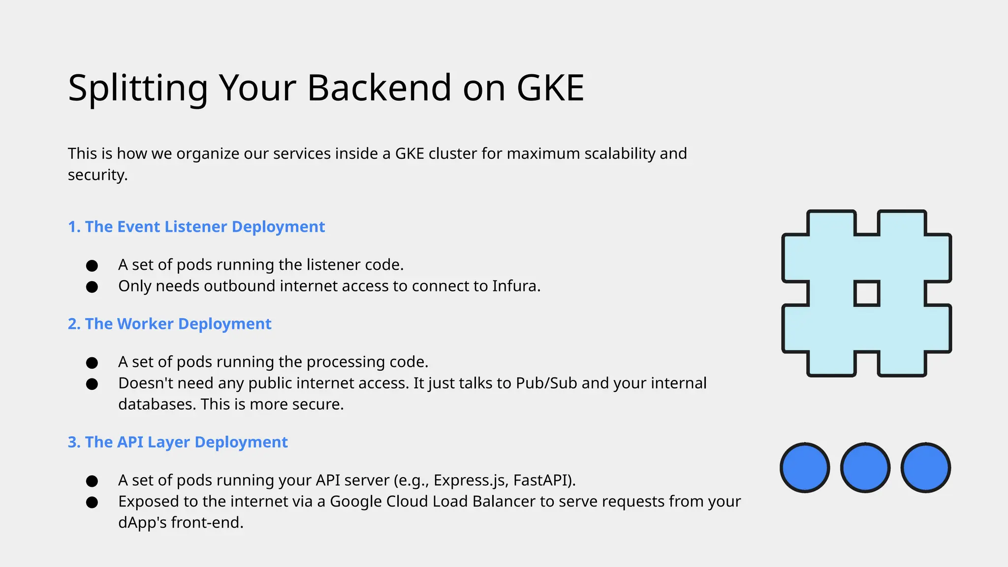 This is how we organize our services inside a GKE cluster for maximum scalability and
security.
1. The Event Listener Deployment
● A set of pods running the listener code.
● Only needs outbound internet access to connect to Infura.
2. The Worker Deployment
● A set of pods running the processing code.
● Doesn't need any public internet access. It just talks to Pub/Sub and your internal
databases. This is more secure.
3. The API Layer Deployment
● A set of pods running your API server (e.g., Express.js, FastAPI).
● Exposed to the internet via a Google Cloud Load Balancer to serve requests from your
dApp's front-end.
Splitting Your Backend on GKE
 