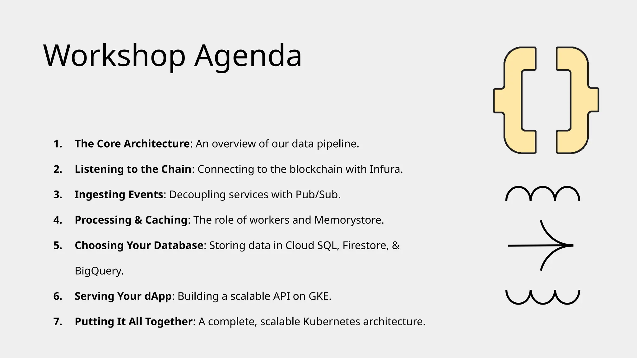 1. The Core Architecture: An overview of our data pipeline.
2. Listening to the Chain: Connecting to the blockchain with Infura.
3. Ingesting Events: Decoupling services with Pub/Sub.
4. Processing & Caching: The role of workers and Memorystore.
5. Choosing Your Database: Storing data in Cloud SQL, Firestore, &
BigQuery.
6. Serving Your dApp: Building a scalable API on GKE.
7. Putting It All Together: A complete, scalable Kubernetes architecture.
Workshop Agenda
 