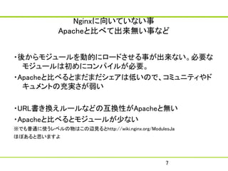 Գ򤤤Ƥʤ
              ApacheȱȤ٤Ƴo¤ʤ


?ᤫ⥸`ӵĤ˥`ɤ¤ʤҪ
  ⥸`ϳ˥ѥ뤬Ҫ
?ApacheȱȤ٤ȤޤޤϵͤΤǡߥ˥ƥ
  Ȥγg

?URLQ`ʤɤλQԤApacheȟo
?ApacheȱȤ٤ȥ⥸`뤬٤ʤ
Ǥͨʹ٥ϤxҊhttp://wiki.nginx.org/ModulesJa
ۤܤ˼ޤ




                                                7
 
