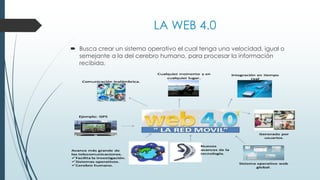 LA WEB 4.0
 Busca crear un sistema operativo el cual tenga una velocidad, igual o
semejante a la del cerebro humano, para procesar la información
recibida.
 
